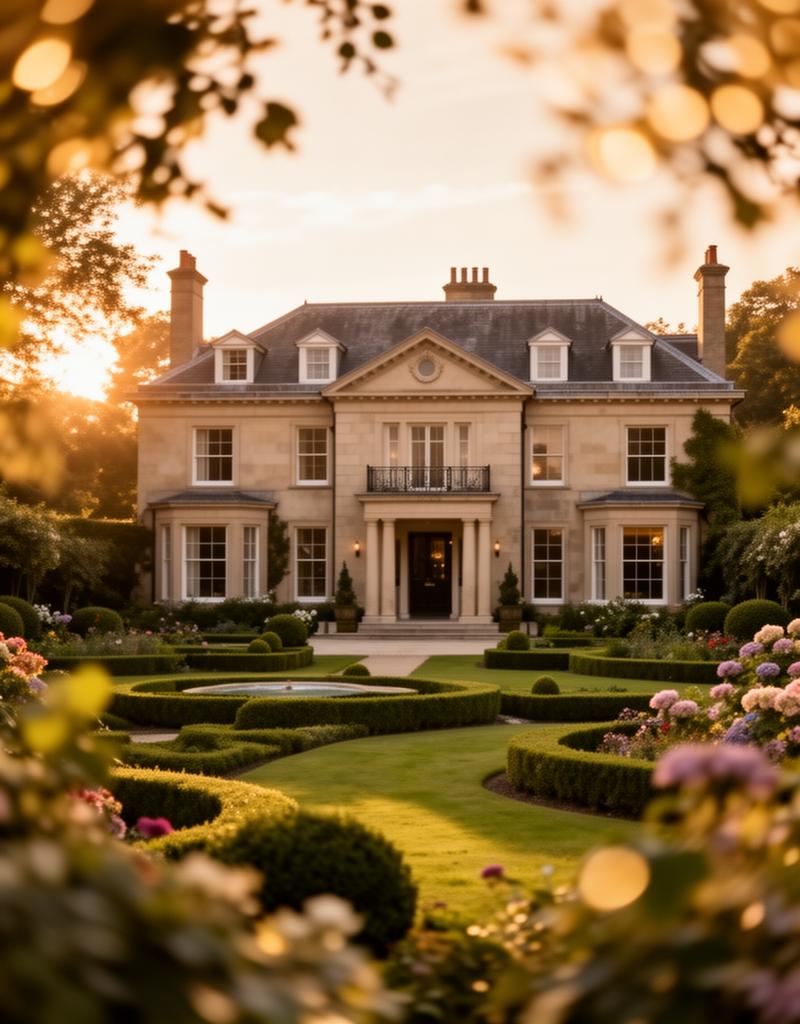 Period home viewed from a private garden at sunset